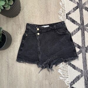 Zara Black Denim Skort with Frayed Hem
